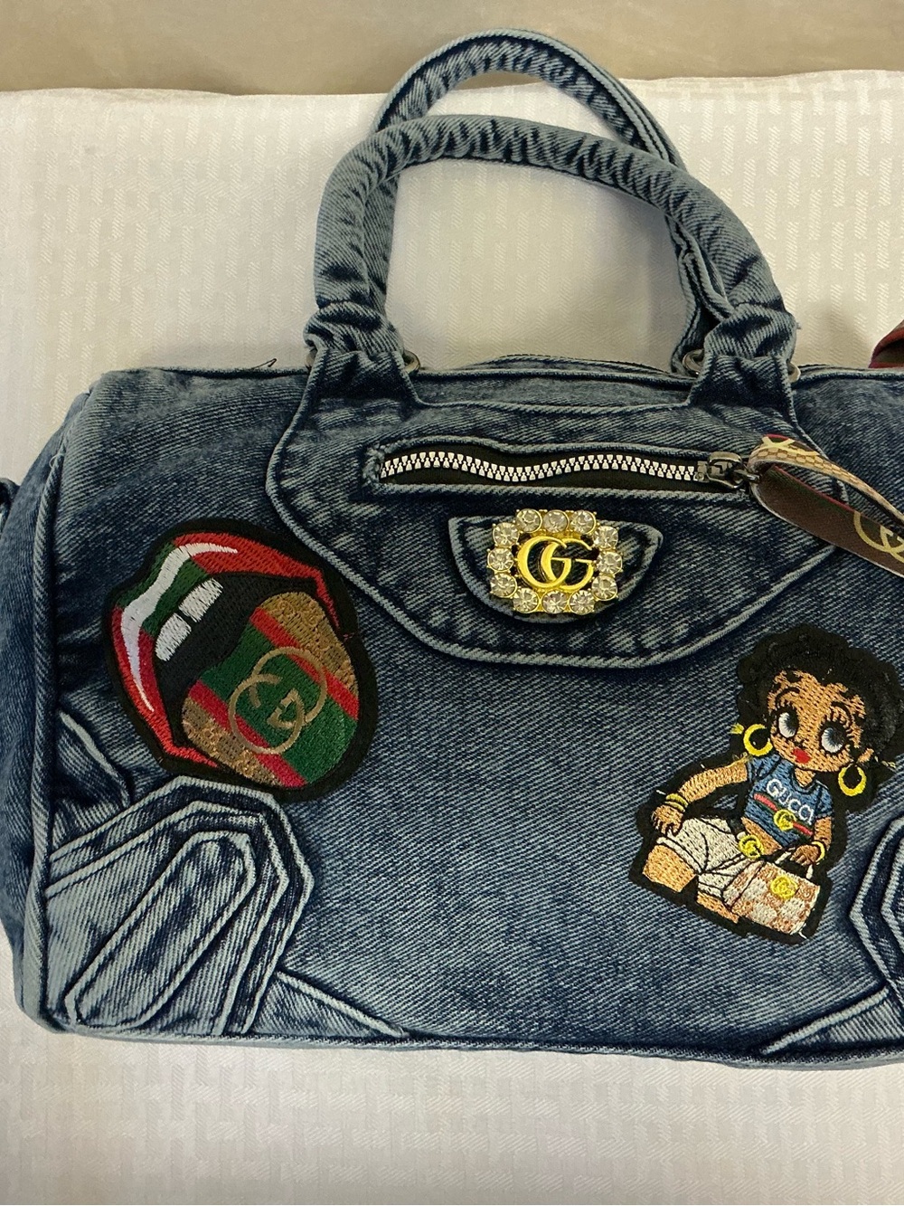 Denim Tote Bag with Embroidered Patches - Blue